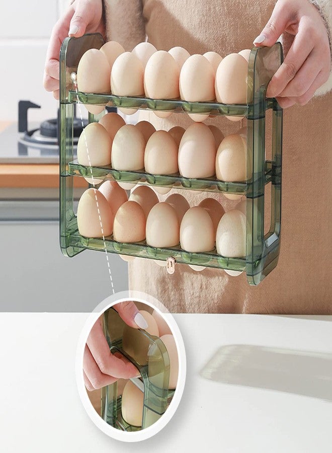 LamChyar 30 Egg Holder, Auto Flip Egg Organizer, 3-Tier Egg Holder Storage, Egg Storage Container For Refrigerator Side Door or Countertop (Green)